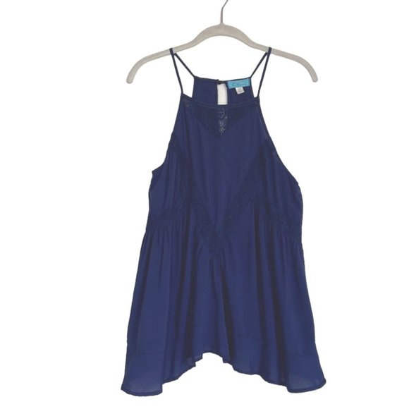 buttons Sleeveless Lace Accent Flowy Top in Blue - Size XS - Picture 1 of 6